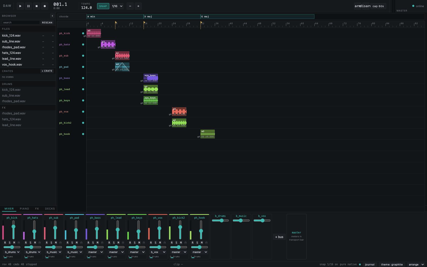 Waveqi's actual arrangement screenshot, with audio clips, chord lane, browser and mixer